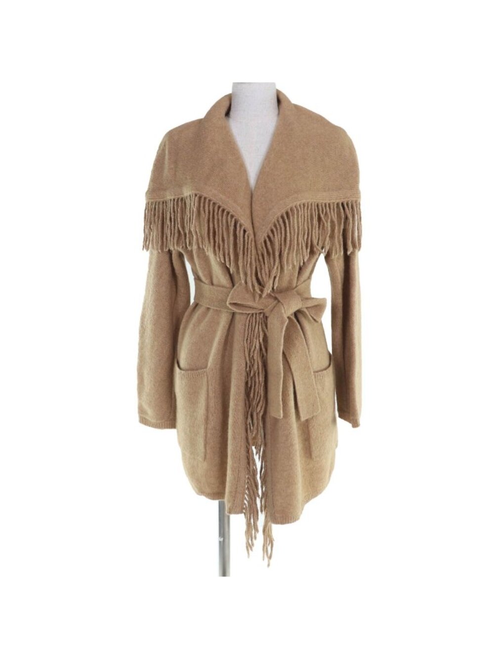Max Mara Wool Camel Belt with Fringe Knit Coat Cardigan
